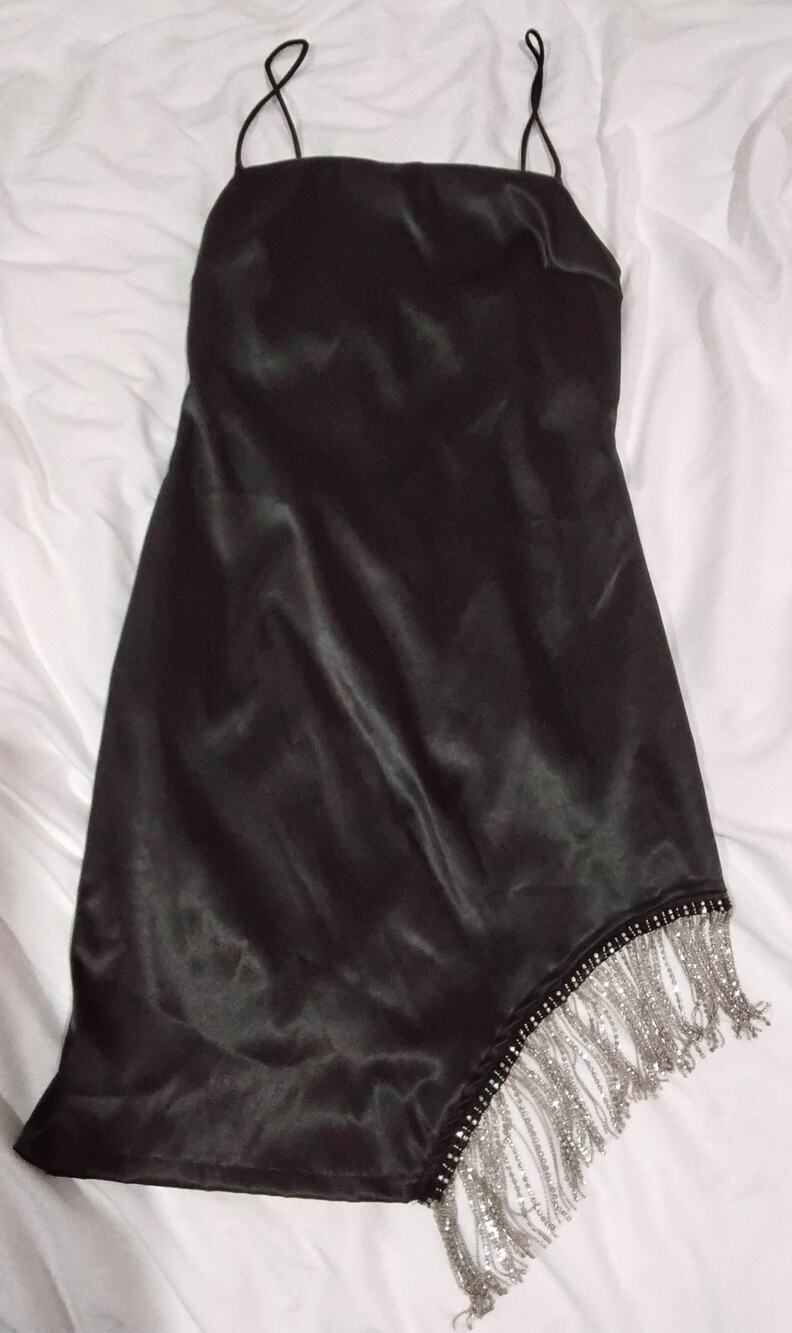 Lulus Black Satin Rhinestone Fringe Midi Dress Women's Small Cocktail Party